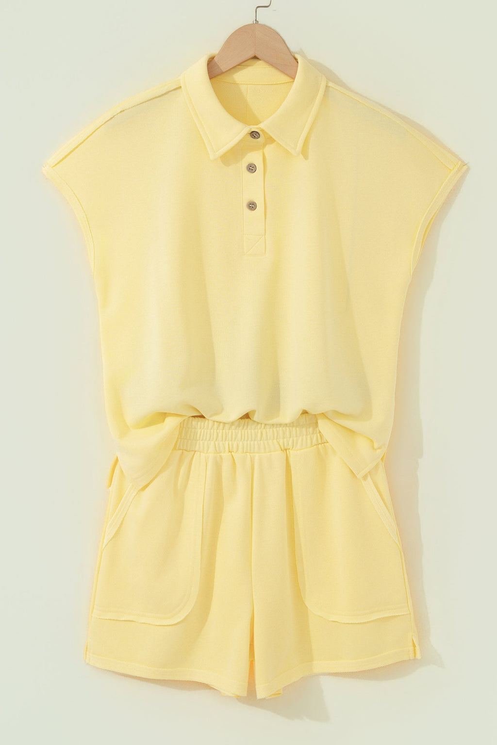 Yellow Cream Loose Polo Tee Elastic Waist 2pcs Short Set