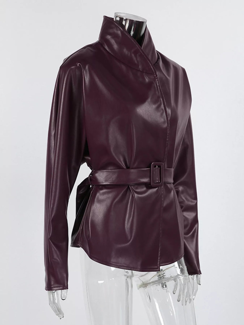 Stand Collar Belted Faux Leather Jacket