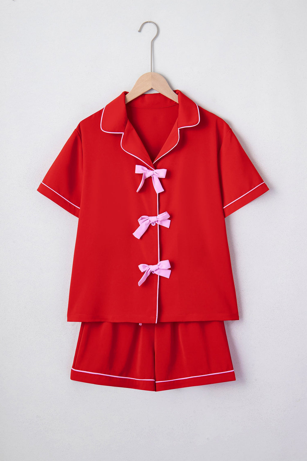 Fiery Red Contrast Trim Ribbon Bow Short Silky 2pcs Pajama Set