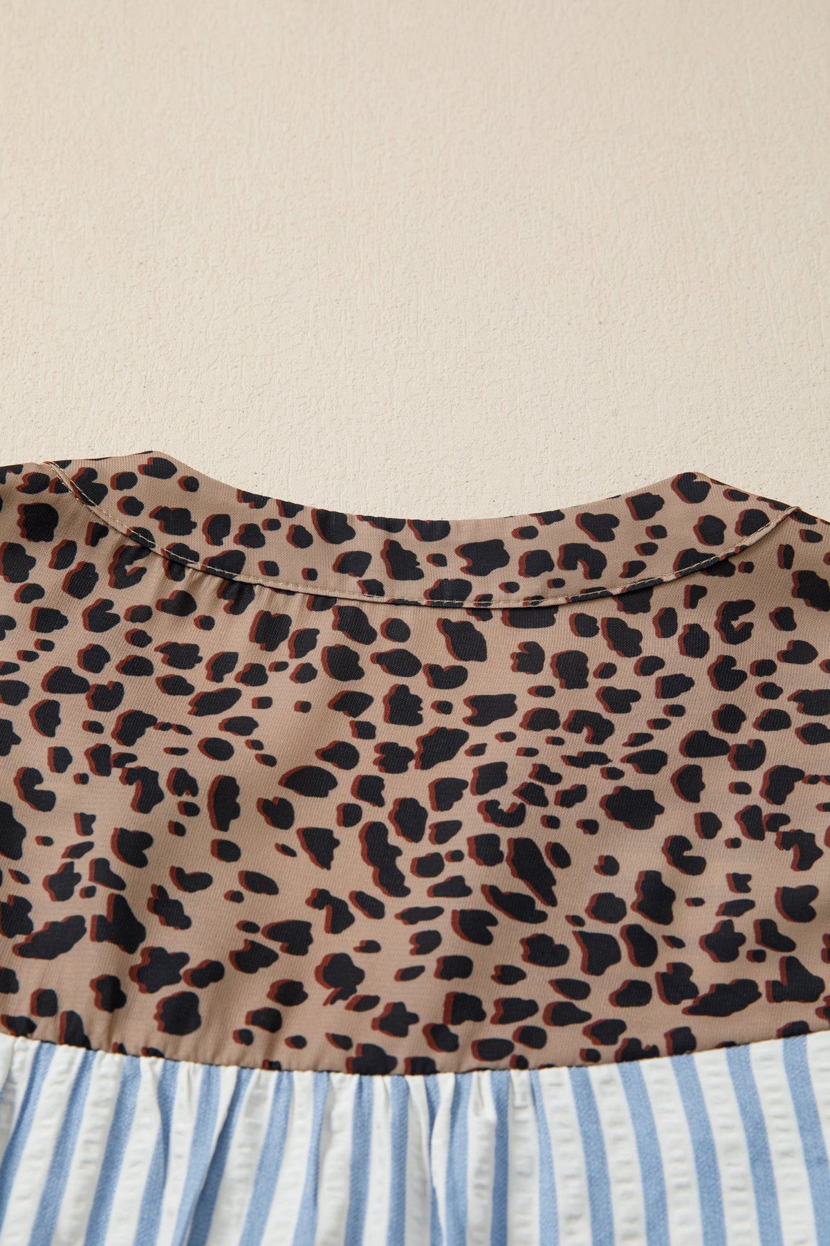 Stripe Leopard Trim V-Neck Buttoned Short Sleeve Shirt
