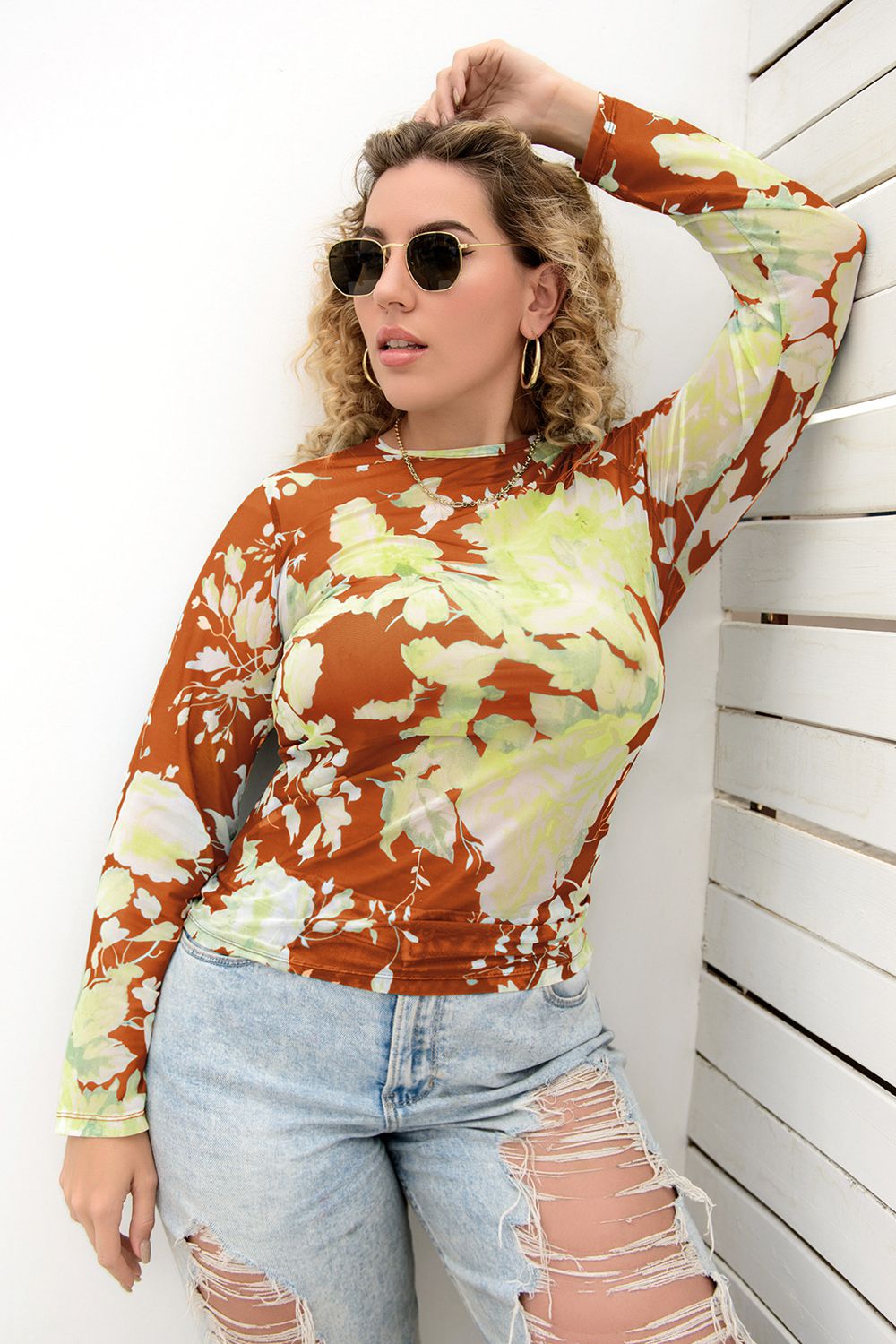 Printed Round Neck Long Sleeve Blouse