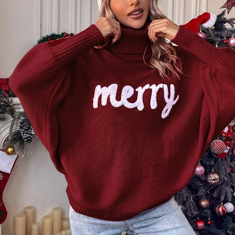 European And American Cross-border Christmas Turtleneck Women's Clothing Amazon Autumn And Winter Loose Bat Sleeve Outerwear Knitted Top Women