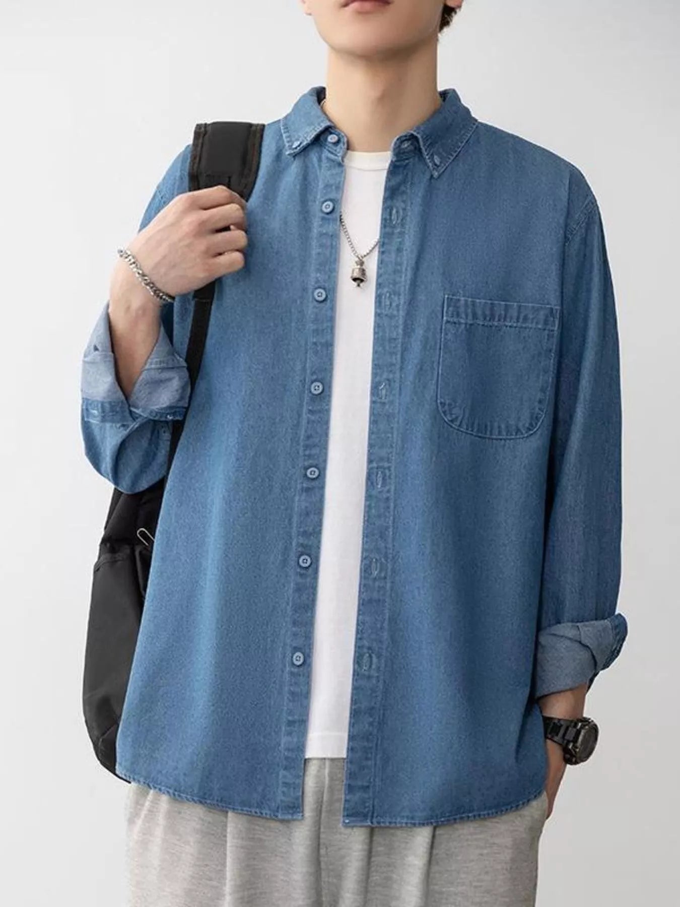 Men's Plus Size Button Up Long Sleeve Denim Shirt