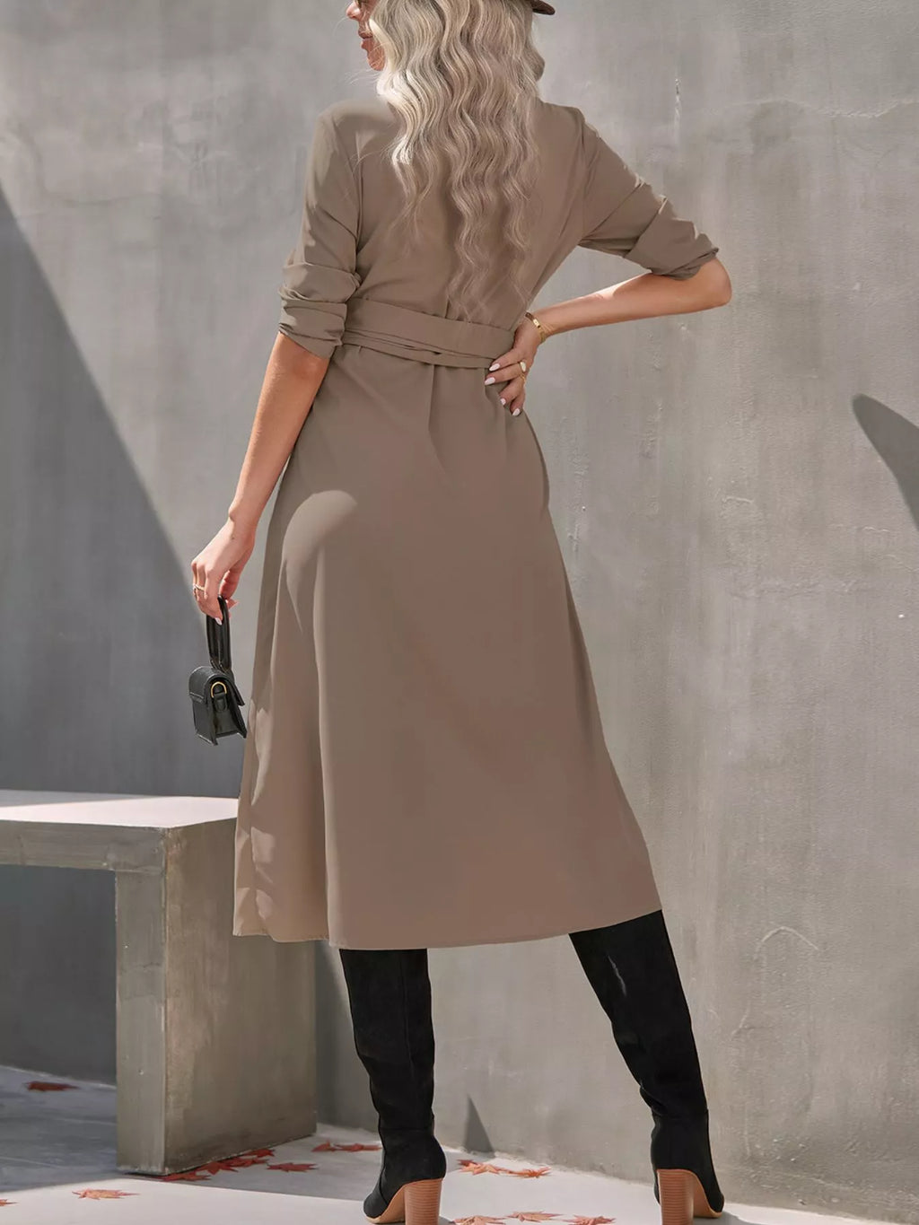 Full Size Tie Waist Long Sleeve Shirt Dress Plus Size