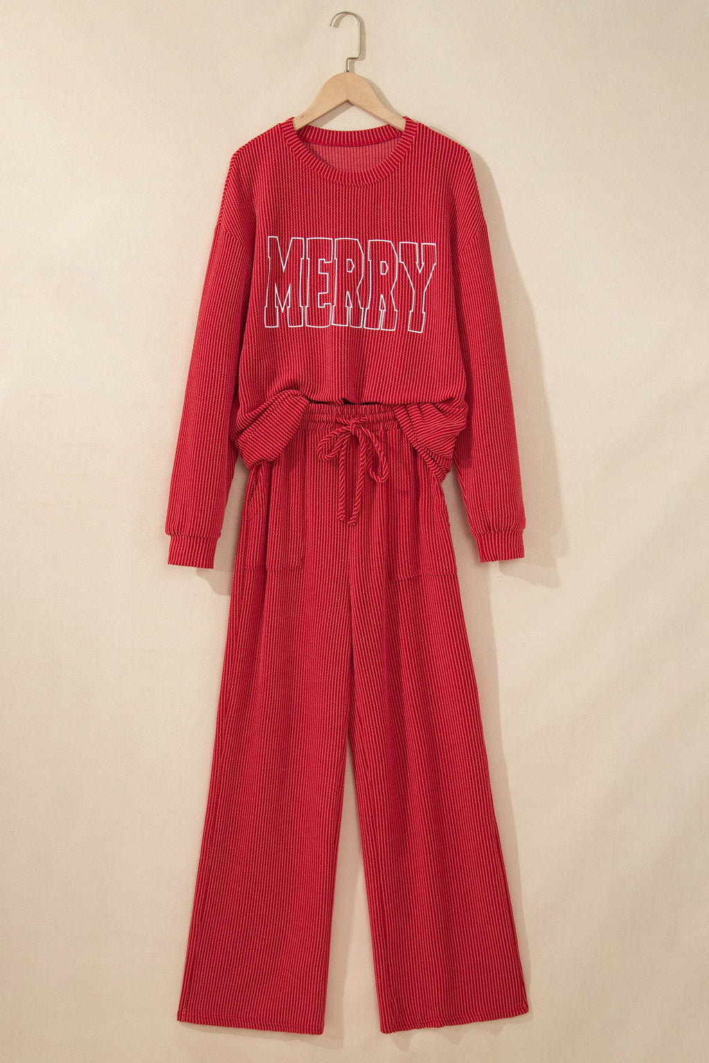 Christmas Letter Print Corded Knit Top & Pants Set