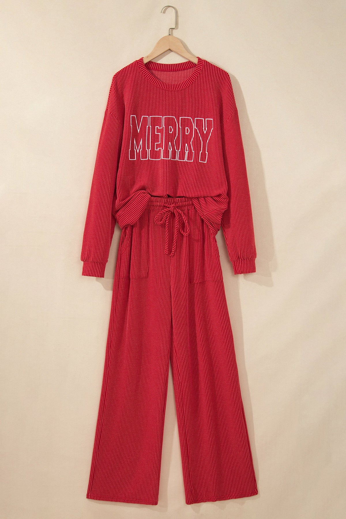 Christmas Letter Print Corded Knit Top & Pants Set