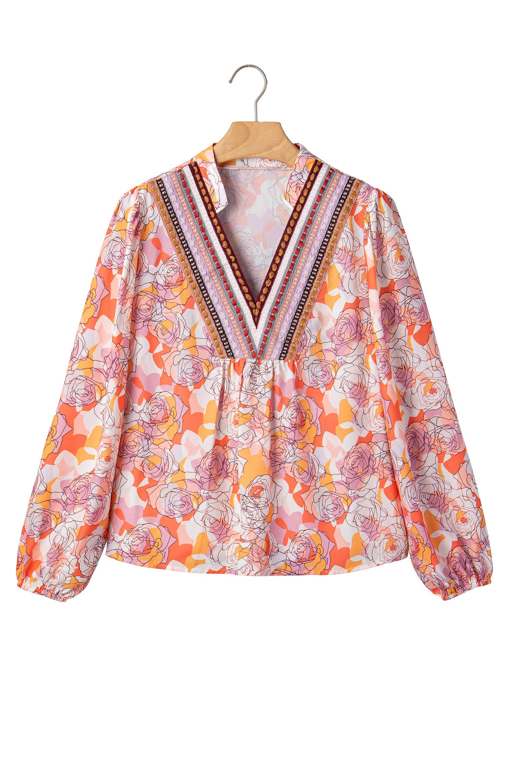 Pink Floral Print V Neck Long Sleeve Shift Blouse
