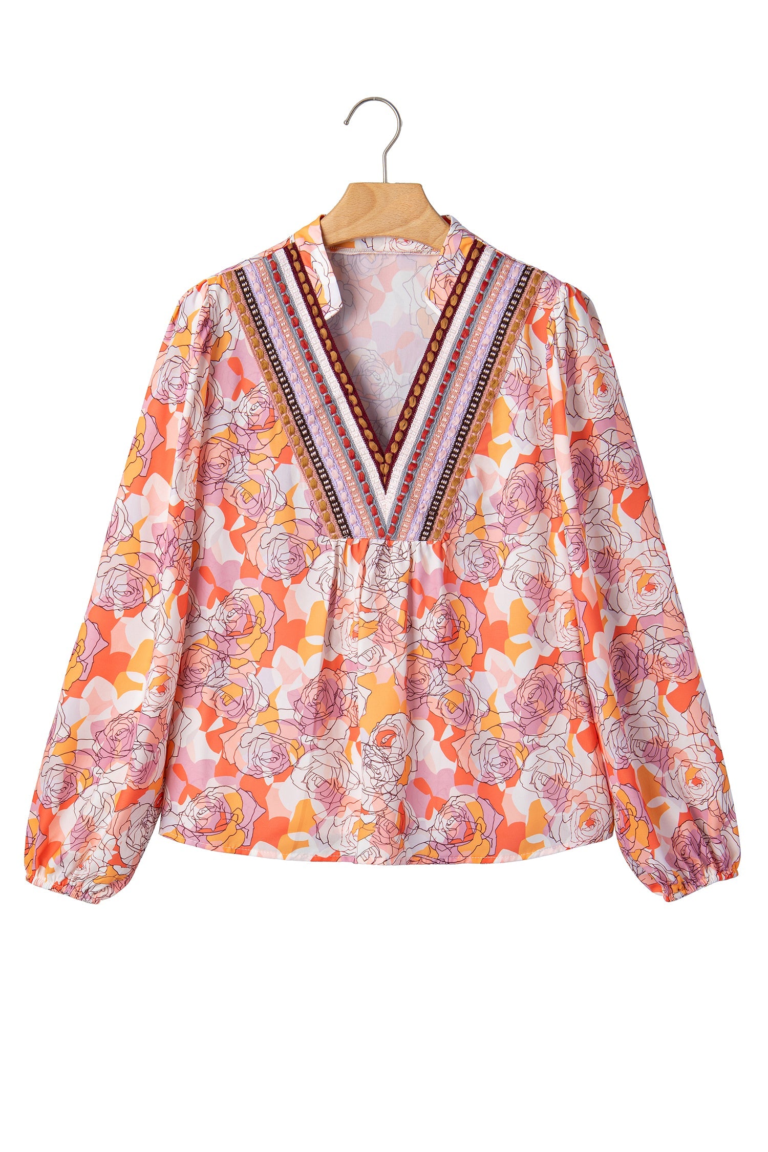 Pink Floral Print V Neck Long Sleeve Shift Blouse