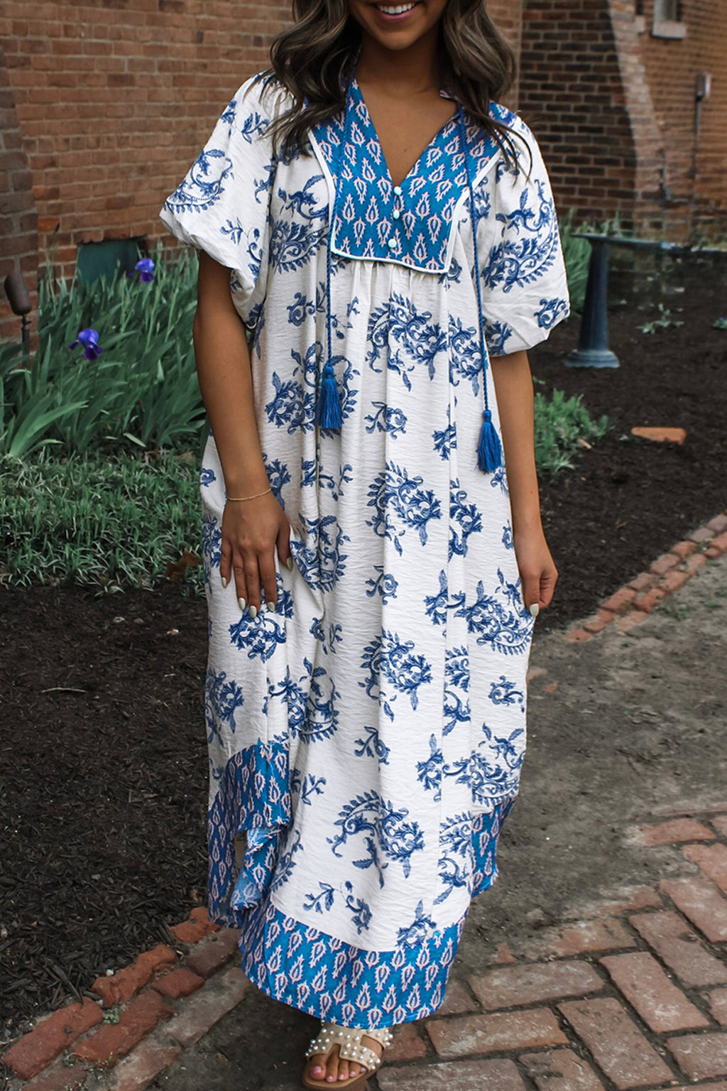 Sky Blue Boho Abstract Print Contrast Trim V Neck Tassel Tie Dress