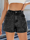 Rhinestone Washed High-Waist Denim Shorts
