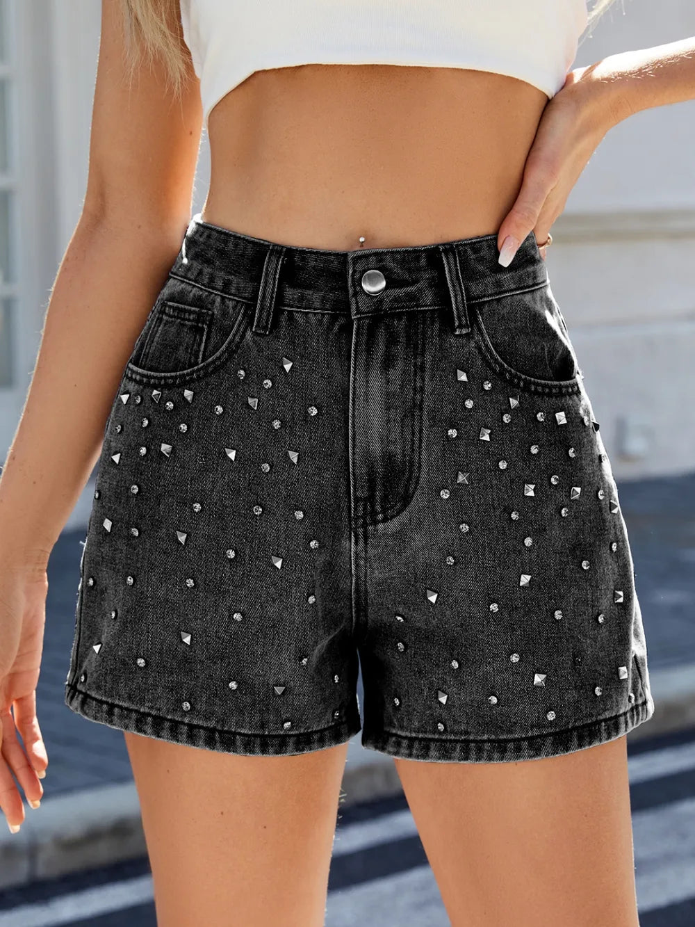 Rhinestone Washed High-Waist Denim Shorts