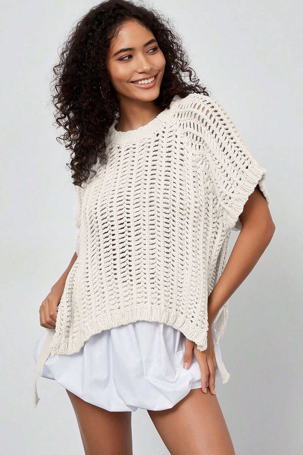 Plus Size Crochet Bow Tie Short Sleeve Sweater