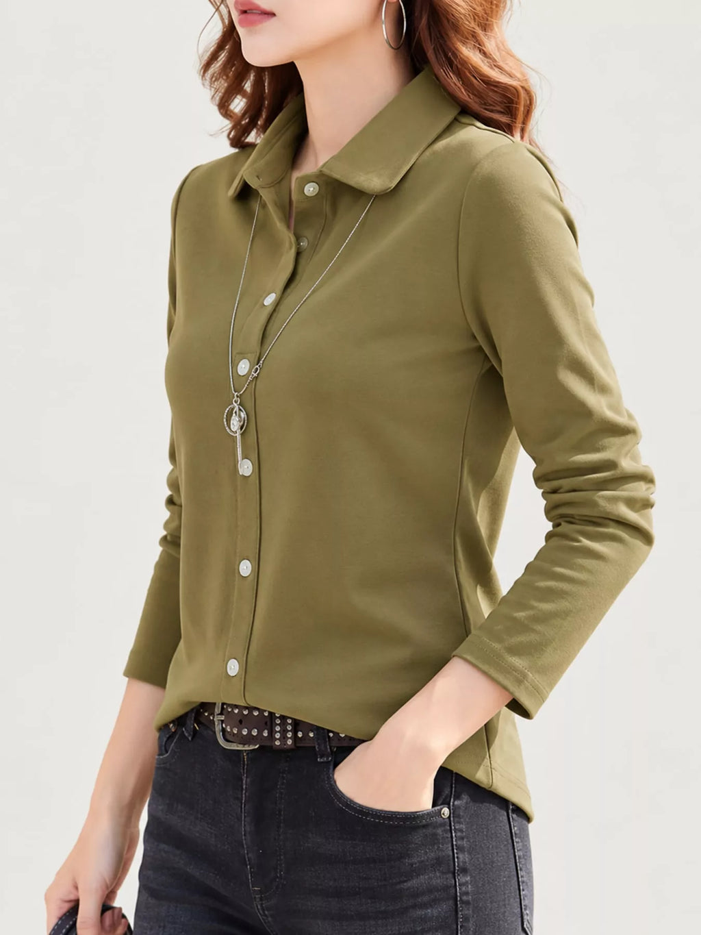 Full Size Button-Down Long Sleeve Shirt Plus Size