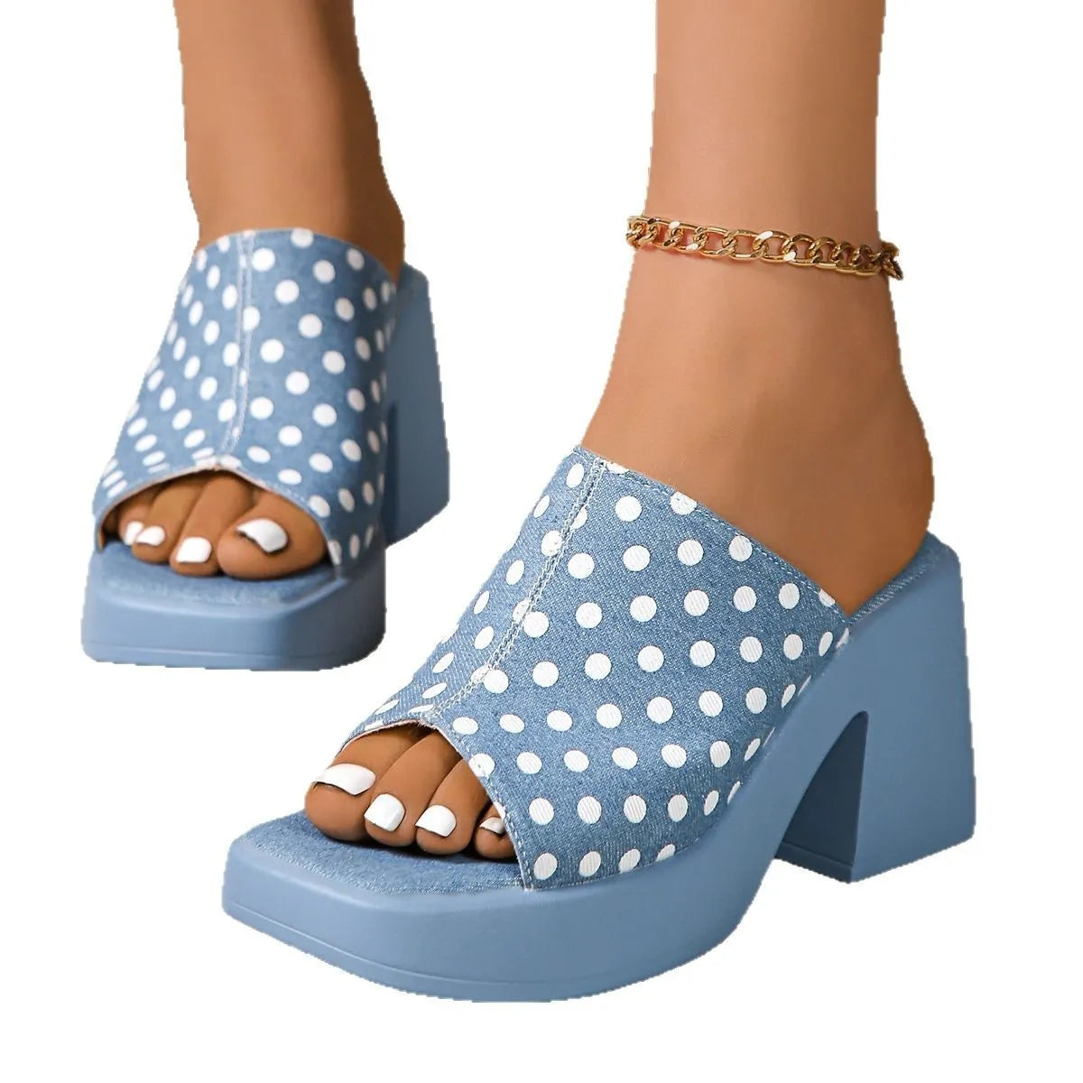 Polka Dot Block Heels Sandals