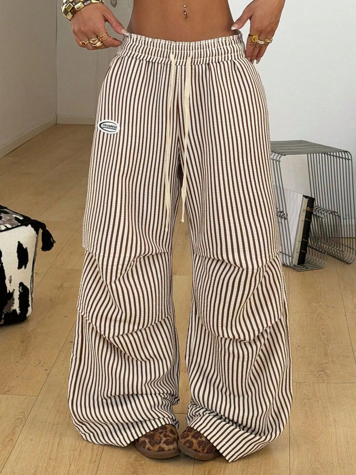 High-Waisted Striped Wide-Leg Cargo Pants with Drawstring