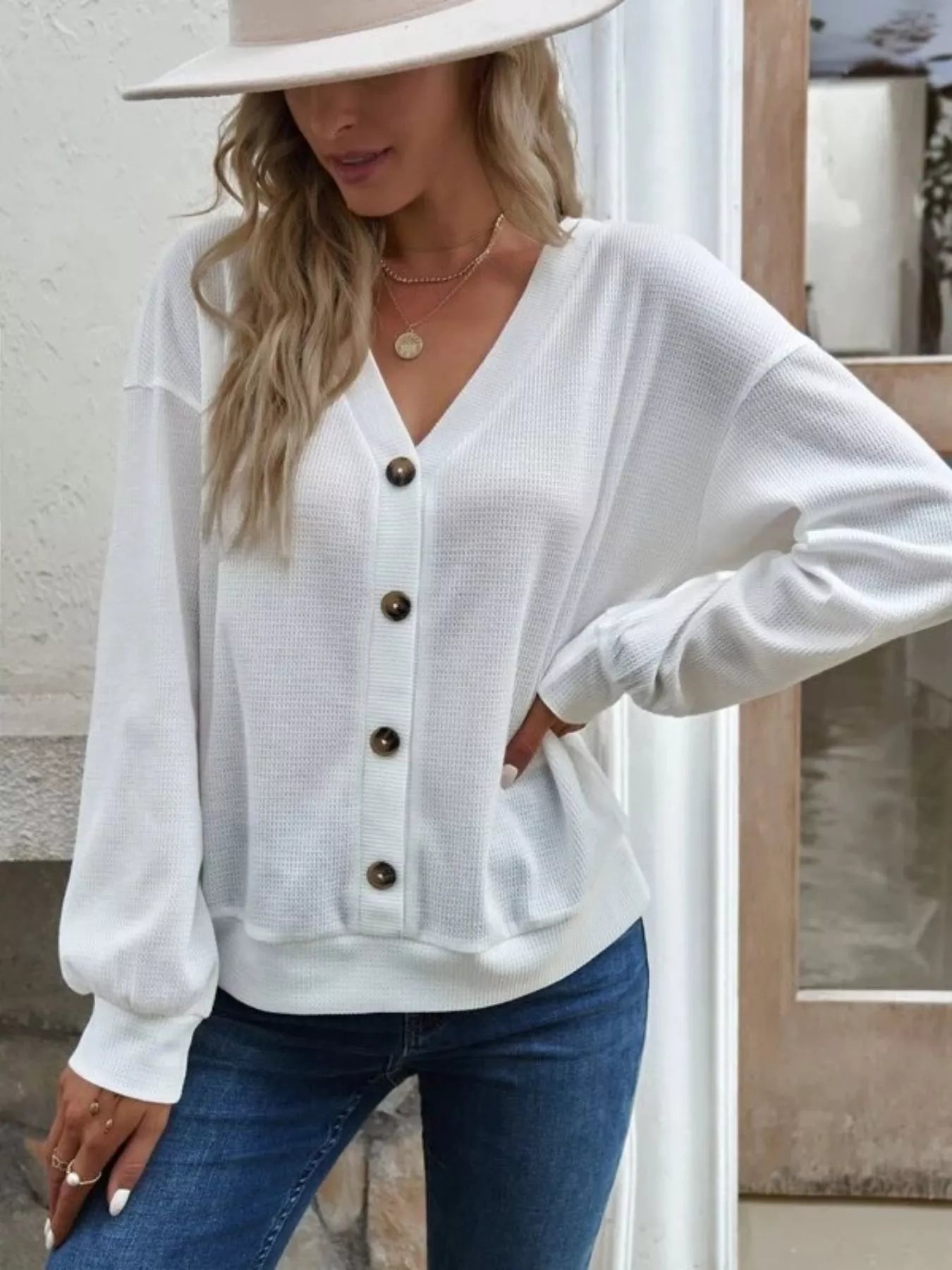 Casual V-Neck Waffle Long Sleeve Top