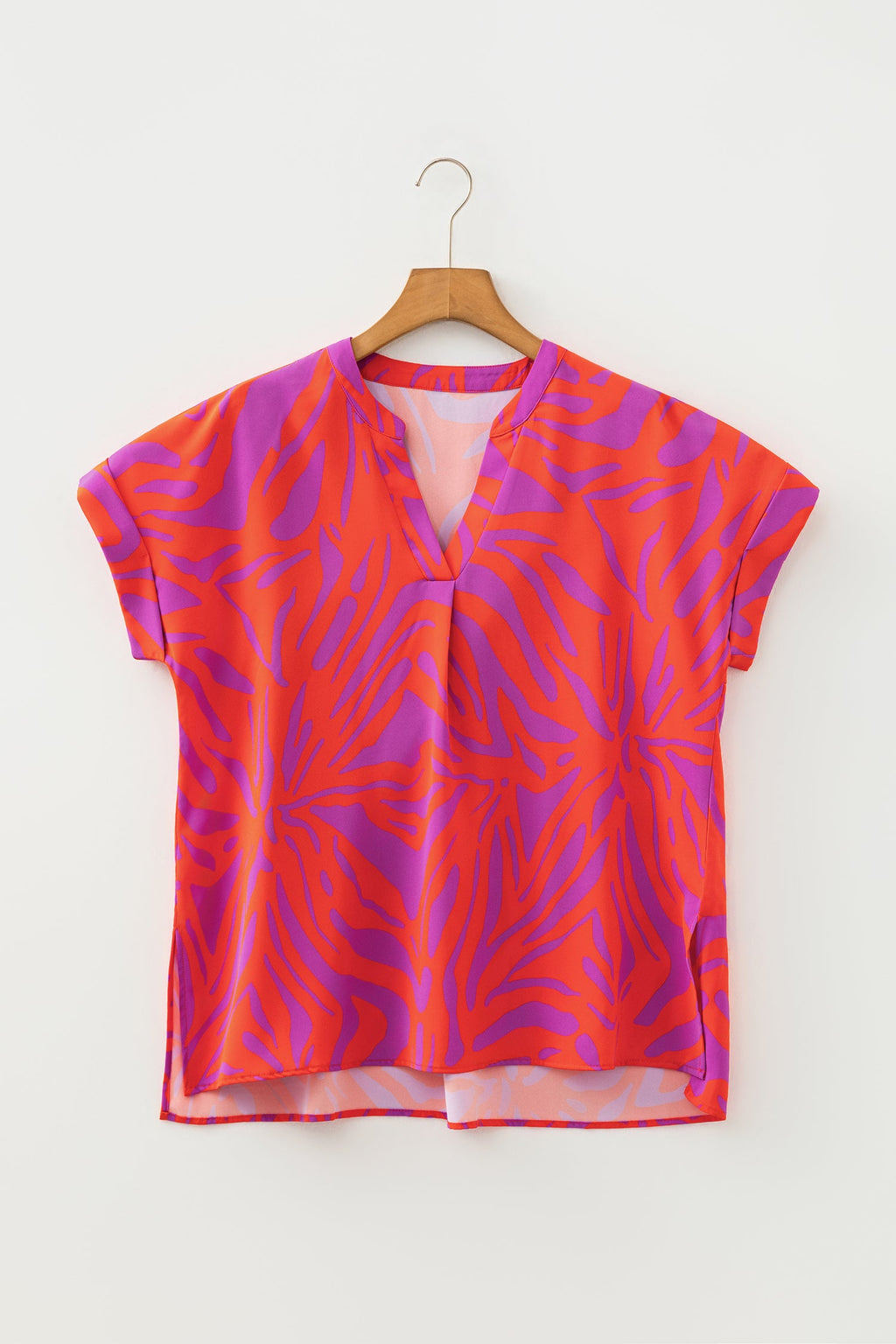 Abstract V-Neck Cuffed Short Sleeve Blouse
