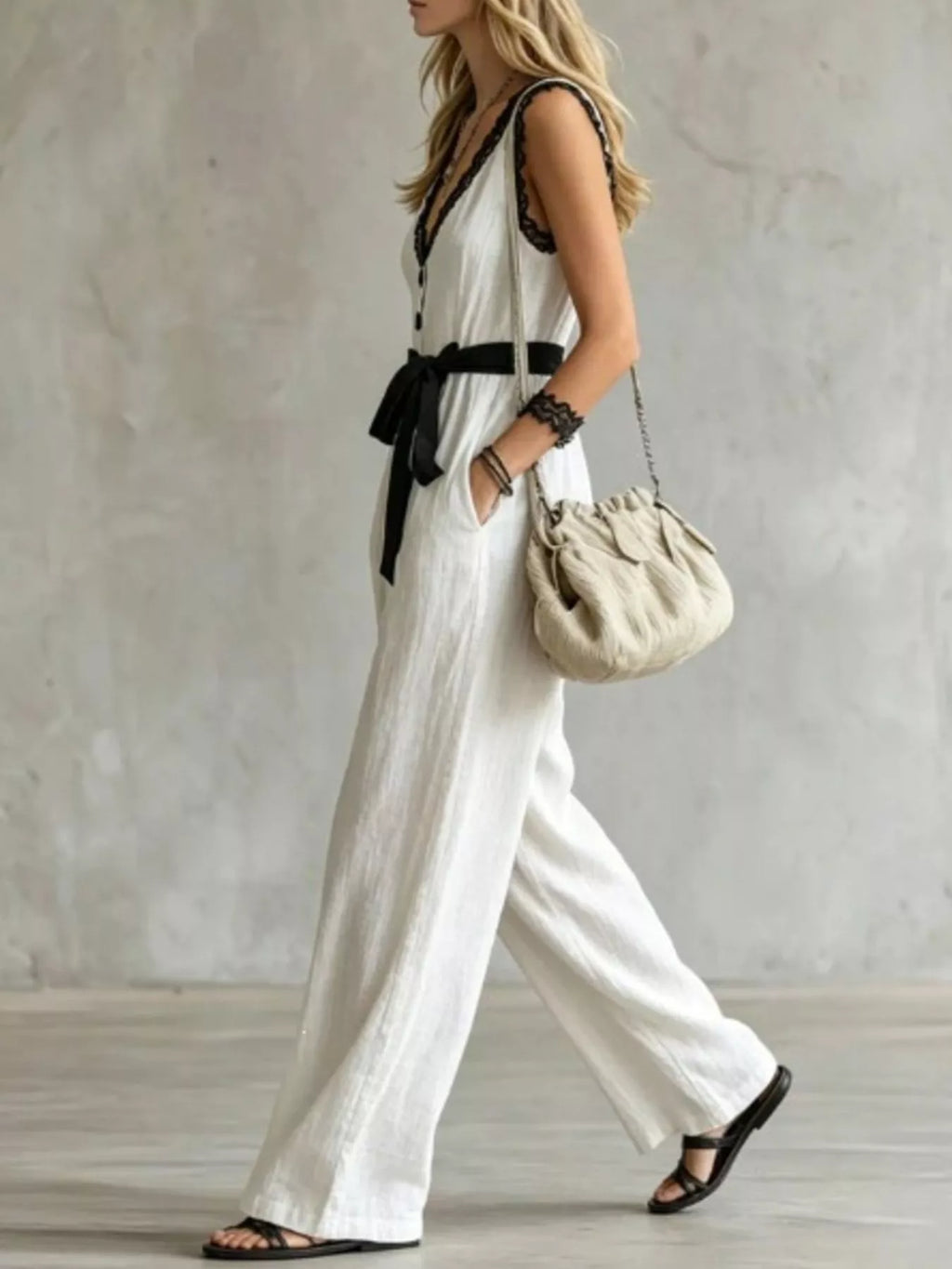 Lace Detail V-Neck Sleeveless Jumpsuit