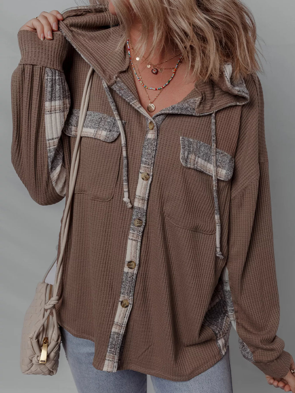 Plaid Patchwork Button-Down Hooded Shacket with Drawstring