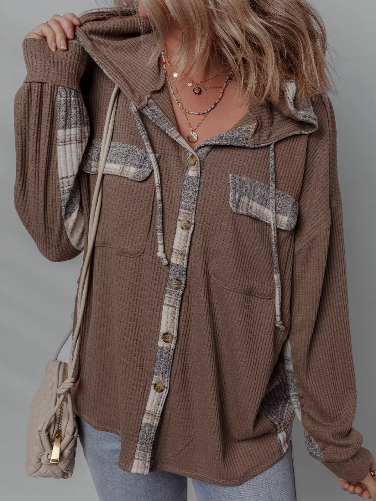 Plaid Patchwork Button-Down Hooded Shacket with Drawstring