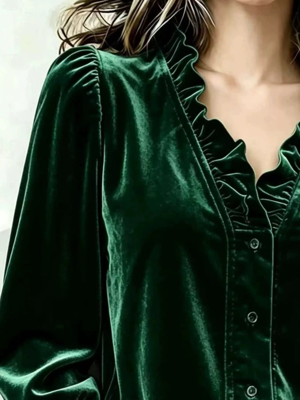 V-Neck Ruffled Velvet Button Down Blouse