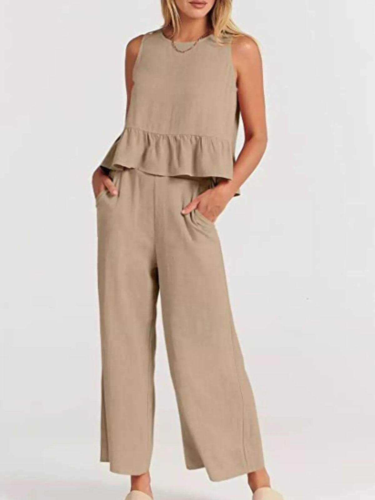 Full Size Ruffled Hem Sleeveless Top and Wide-Leg Pants Set Plus Size
