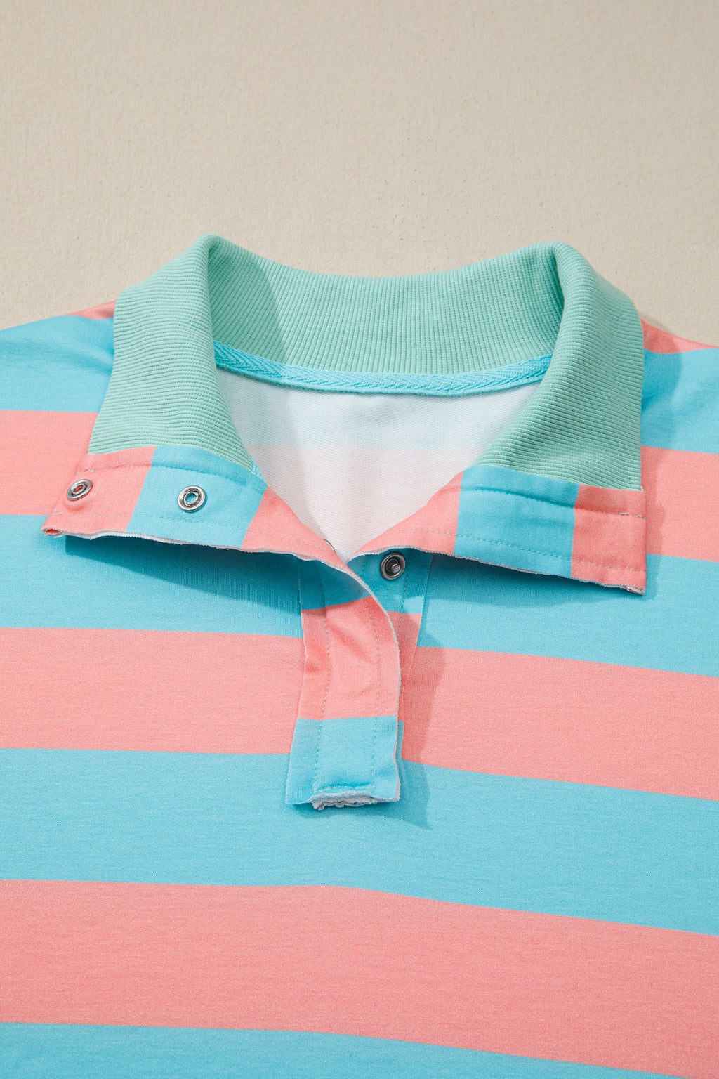 Pink Stripe Colorblock Drop Shoulder Buttoned Collar Side Slit Pullover Top