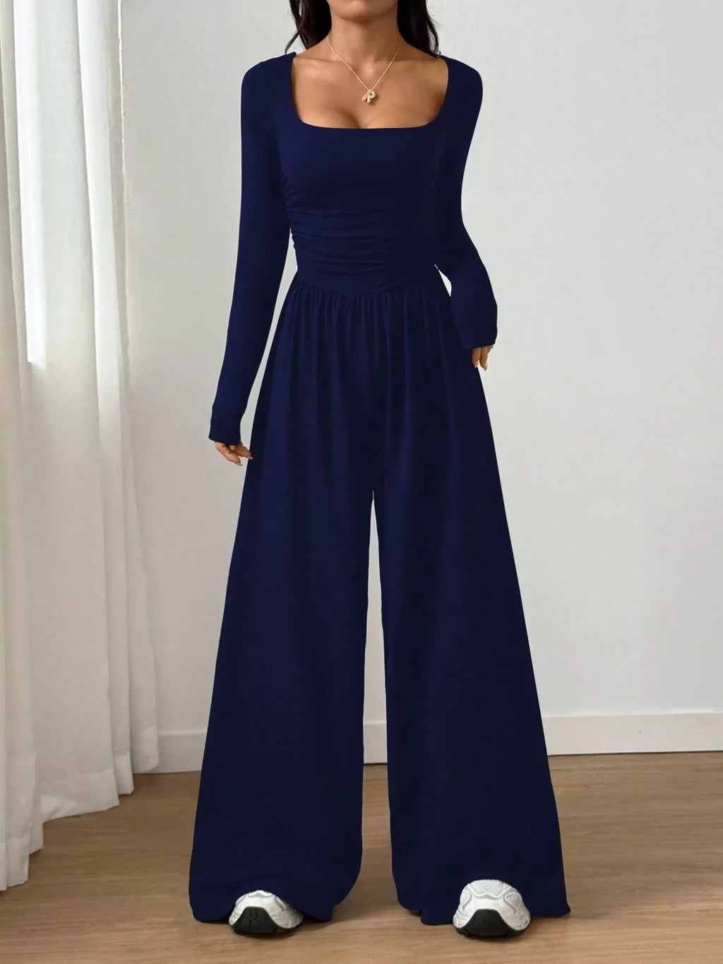 Ruched Square Neck Wide-Leg Jumpsuit