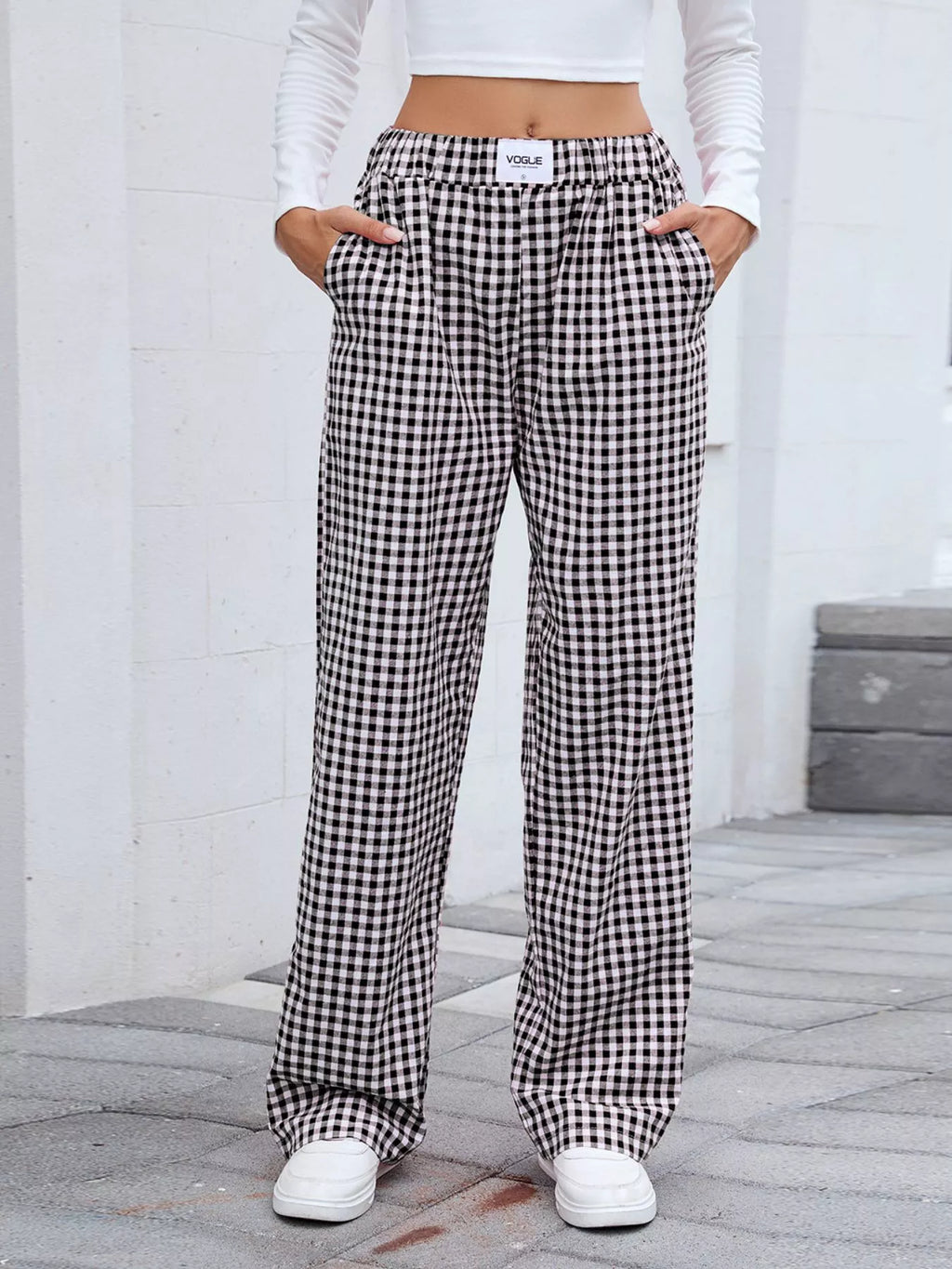 Plaid Wide-Leg Cotton Pants with Side Pockets