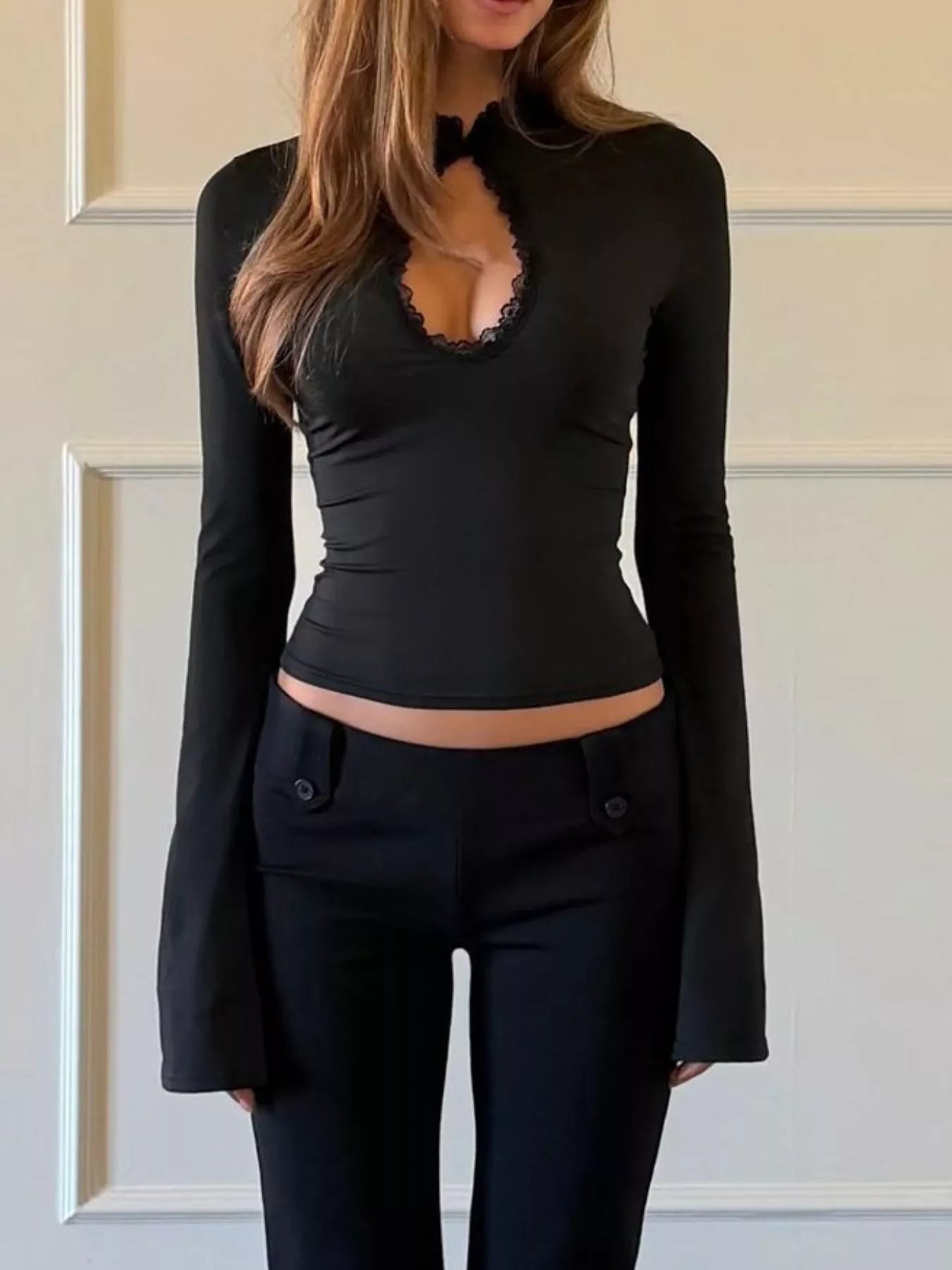 Lace-Trimmed Keyhole Long Sleeve T-Shirt