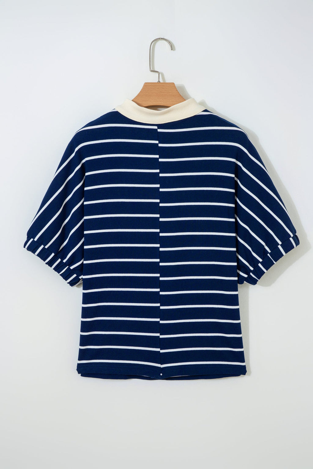 Blue Stripe Stand Collar V Neck Elastic Cuffs Half Sleeve Dolman Top