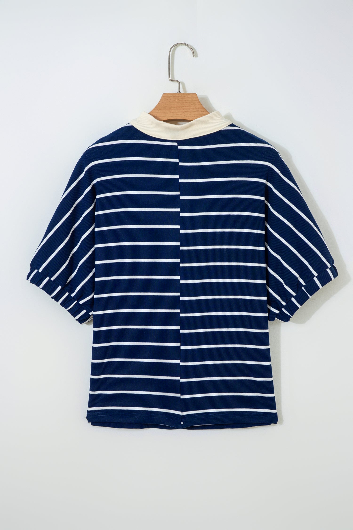 Blue Stripe Stand Collar V Neck Elastic Cuffs Half Sleeve Dolman Top