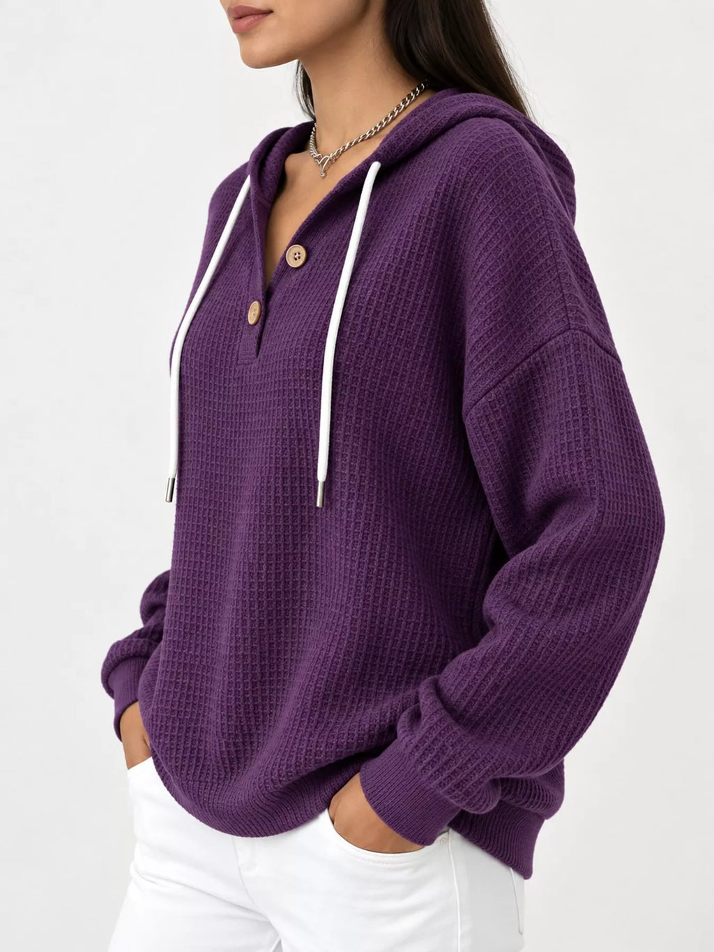 Full Size Waffle Knit Button Detail Hoodie Plus Size