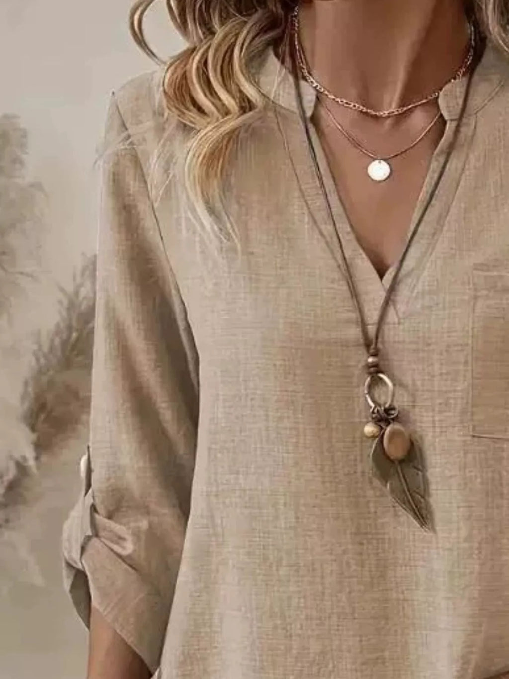 Casual V-Neck Roll-Sleeve T-Shirt with Pocket