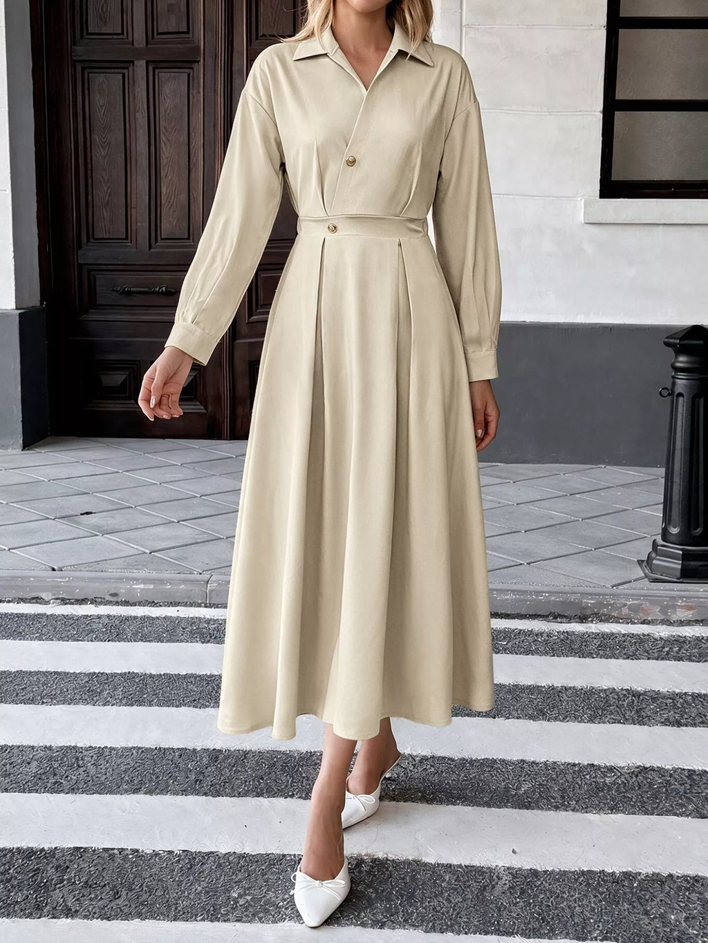Pleated Button Detail Long Sleeve Shirt Dress