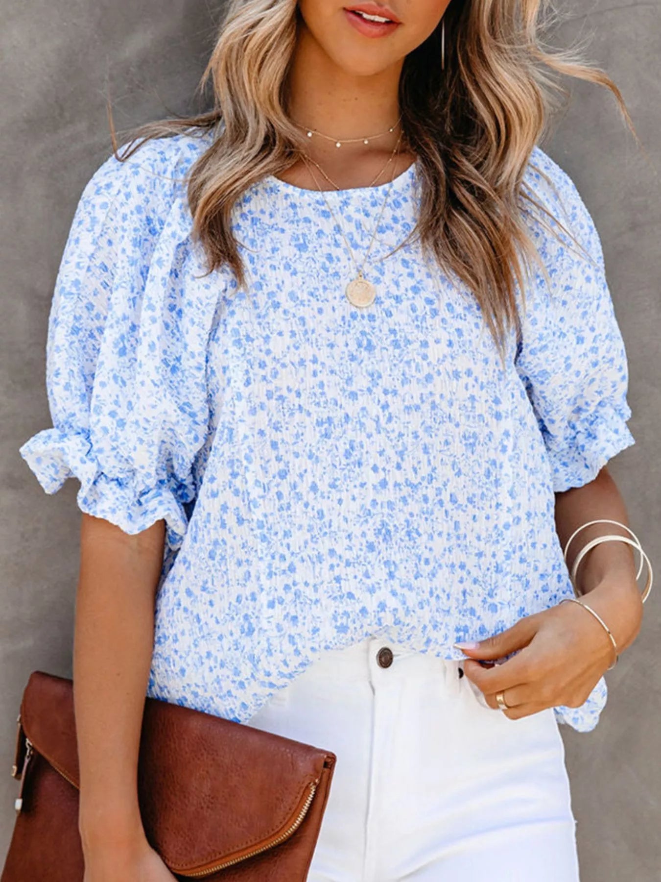 Full Size Floral Print Ruffle Sleeve Blouse Plus Size