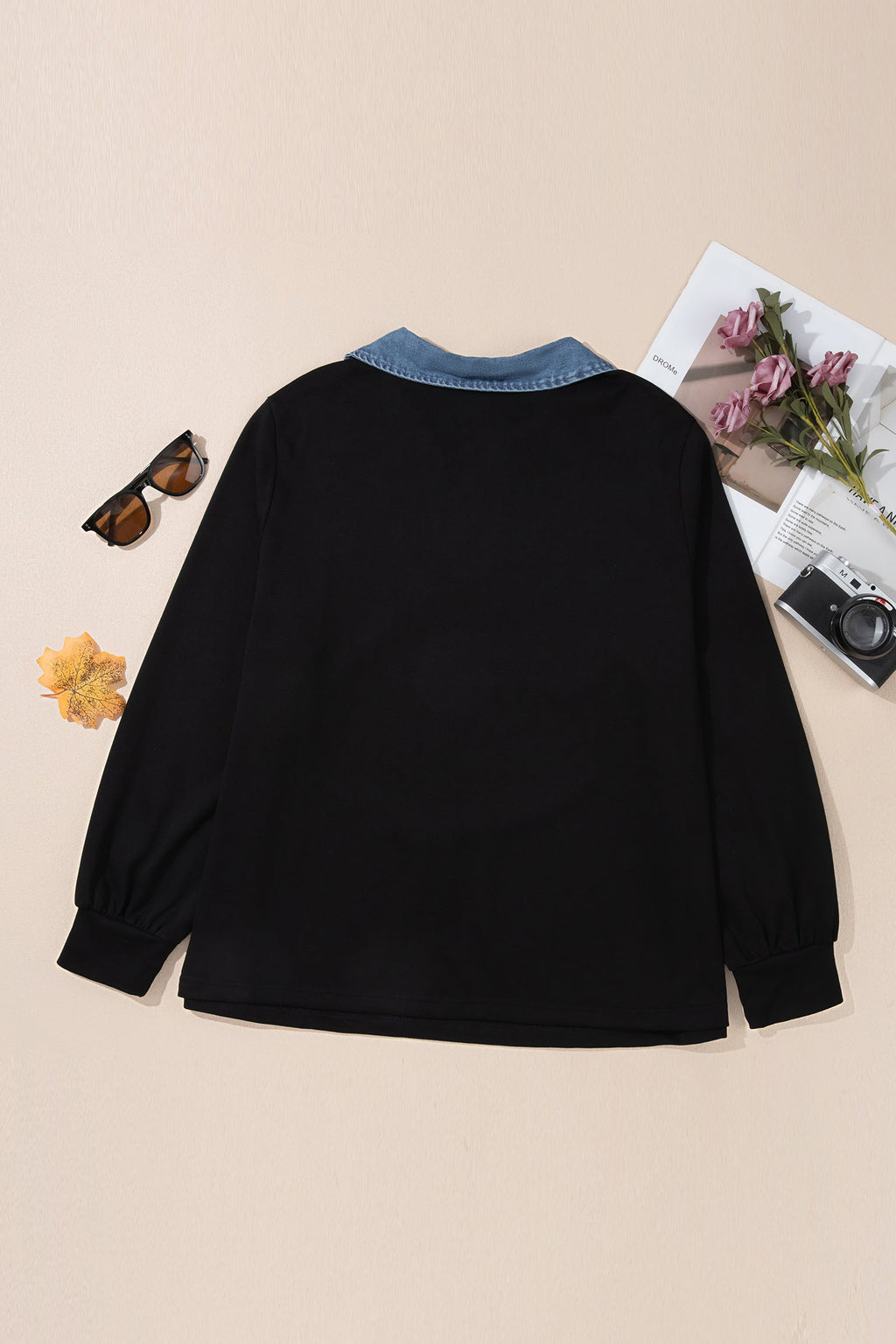 Plus Size Denim Collared V-Neck Long Sleeve Knit Blouse