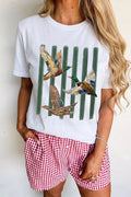 Western Mallard Stripes Graphic Round Neck Casual Tee