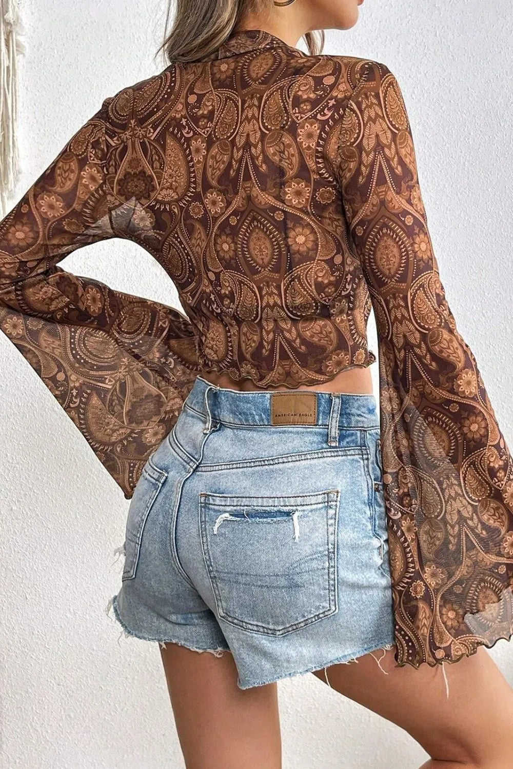 Printed Sheer Mock Neck Top with Flare Sleeves