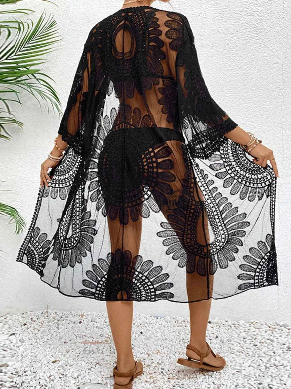 Lace Open Front Longline Kimono Cover-Up