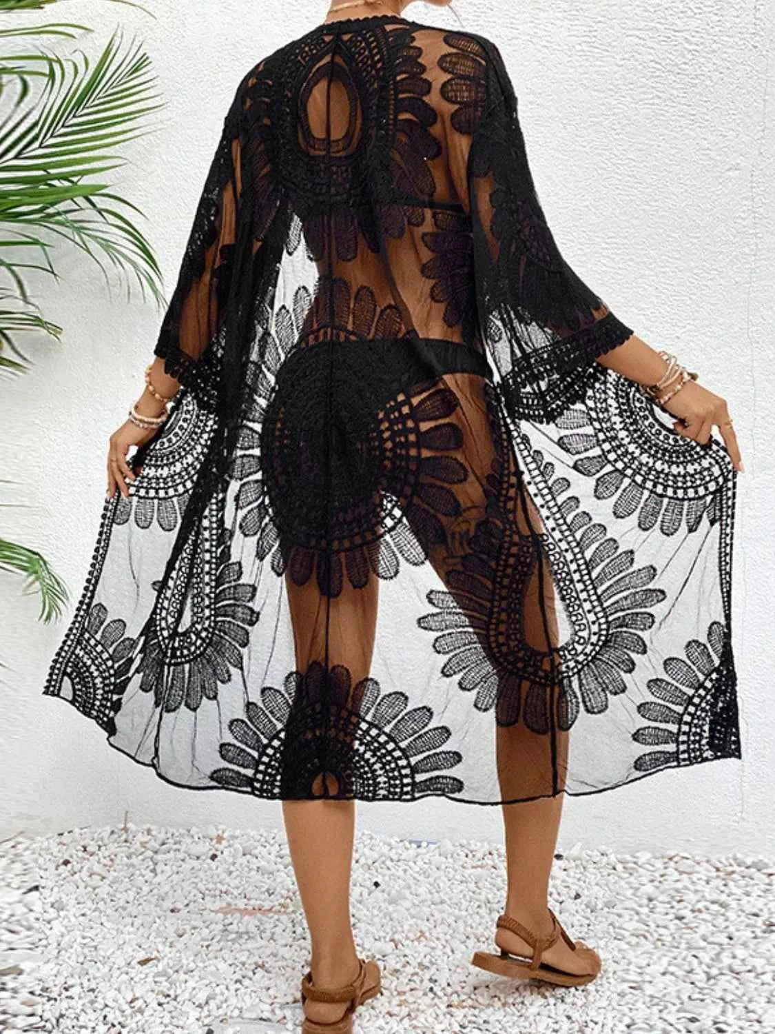 Lace Open Front Longline Kimono Cover-Up