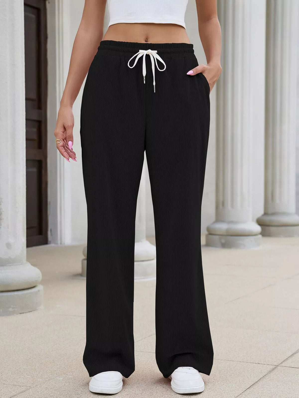 High-Waisted Drawstring Wide-Leg Casual Pants