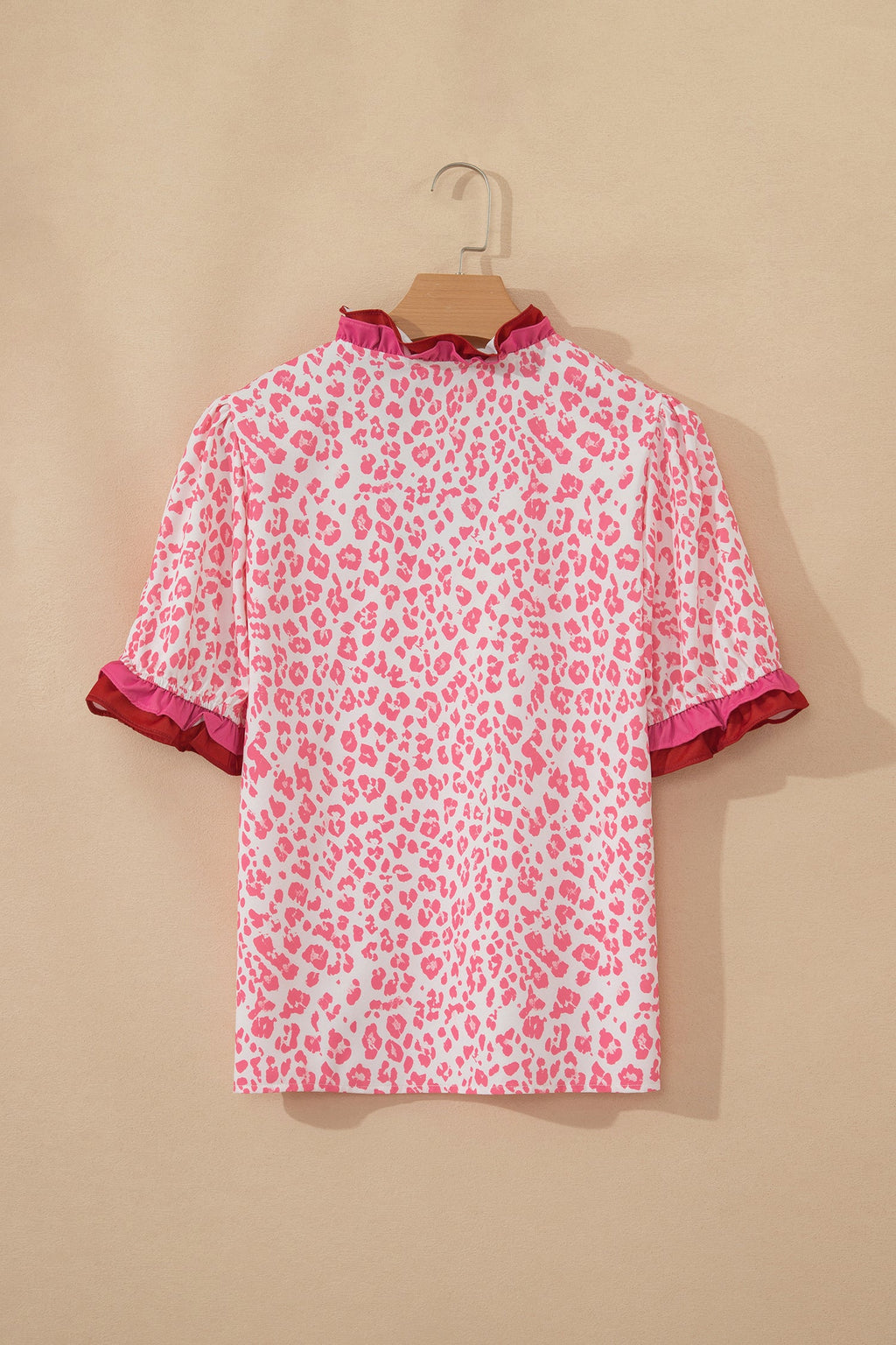 Pink Stripe Ruffled Trim V Neck Leopard Print Short Sleeve Blouse