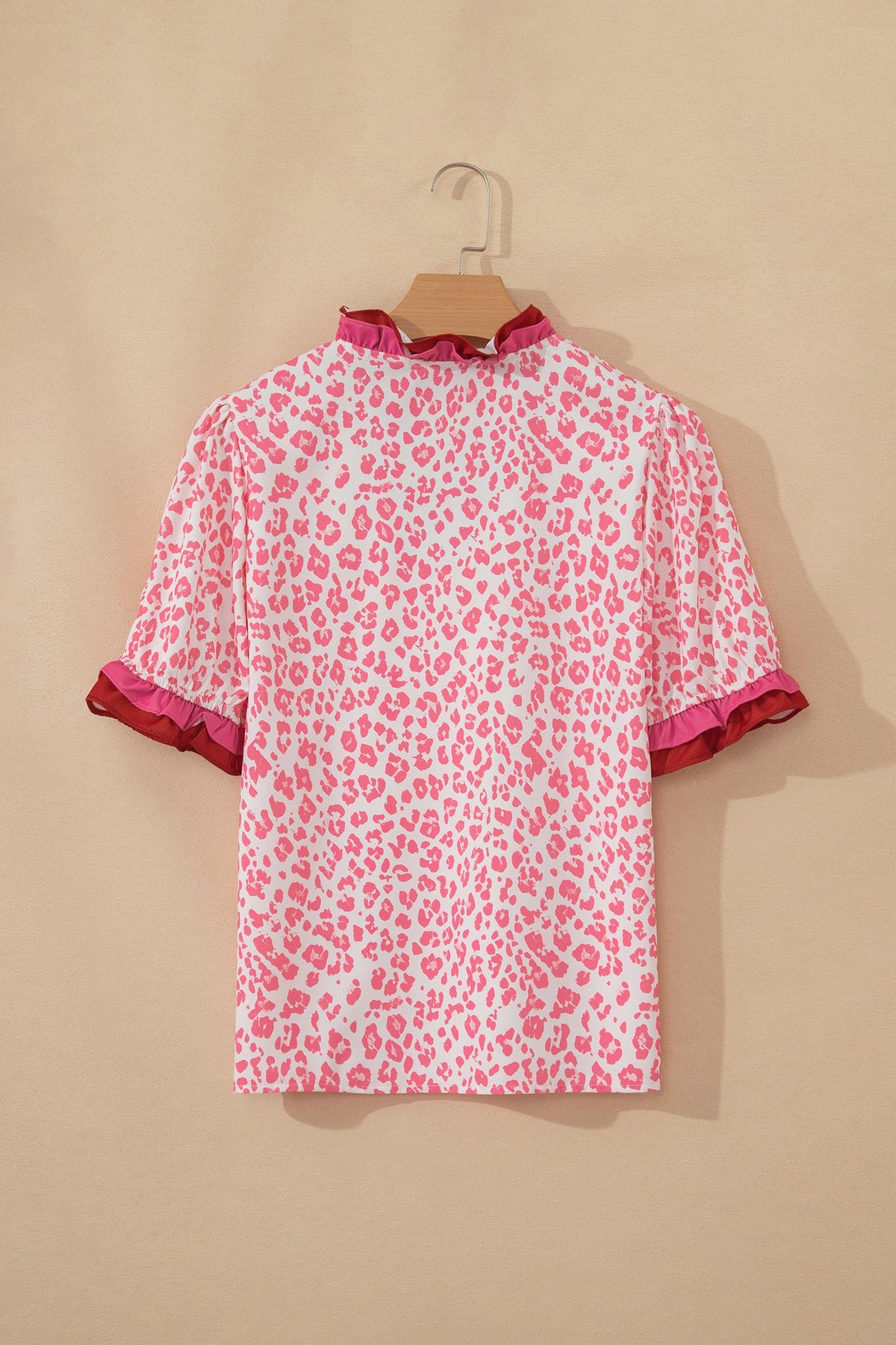 Leopard Ruffle Trim V-Neck Short Sleeve Blouse
