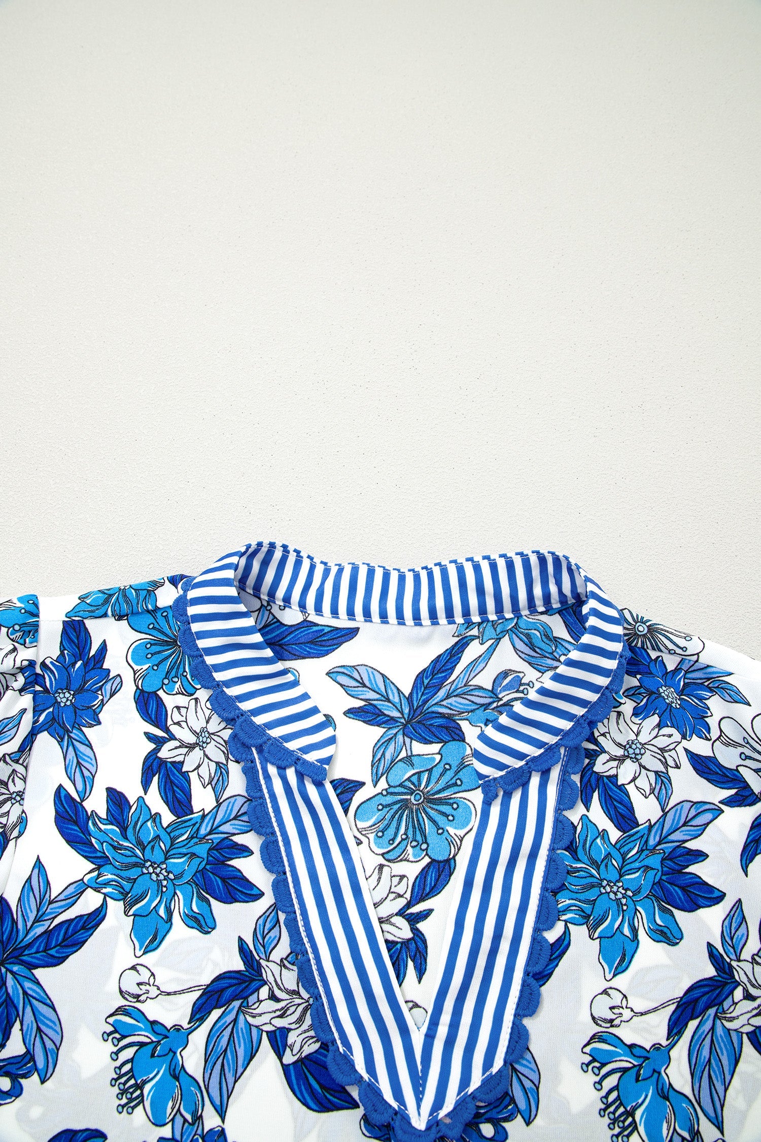 Sky Blue Floral Print Striped Patchwork Long Flounce Sleeve Ricrac Trim V Neck Blouse