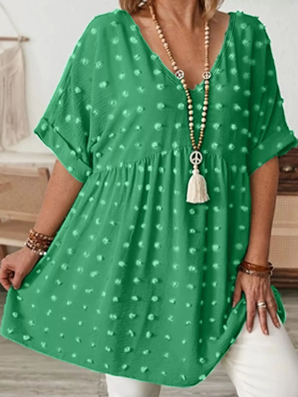 Plus Size Swiss Dot V-Neck Casual Blouse