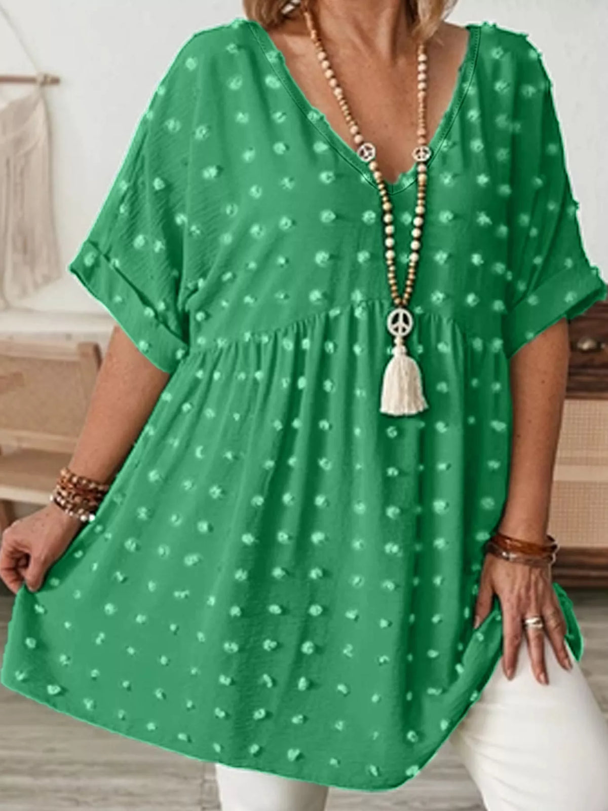 Plus Size Swiss Dot V-Neck Casual Blouse