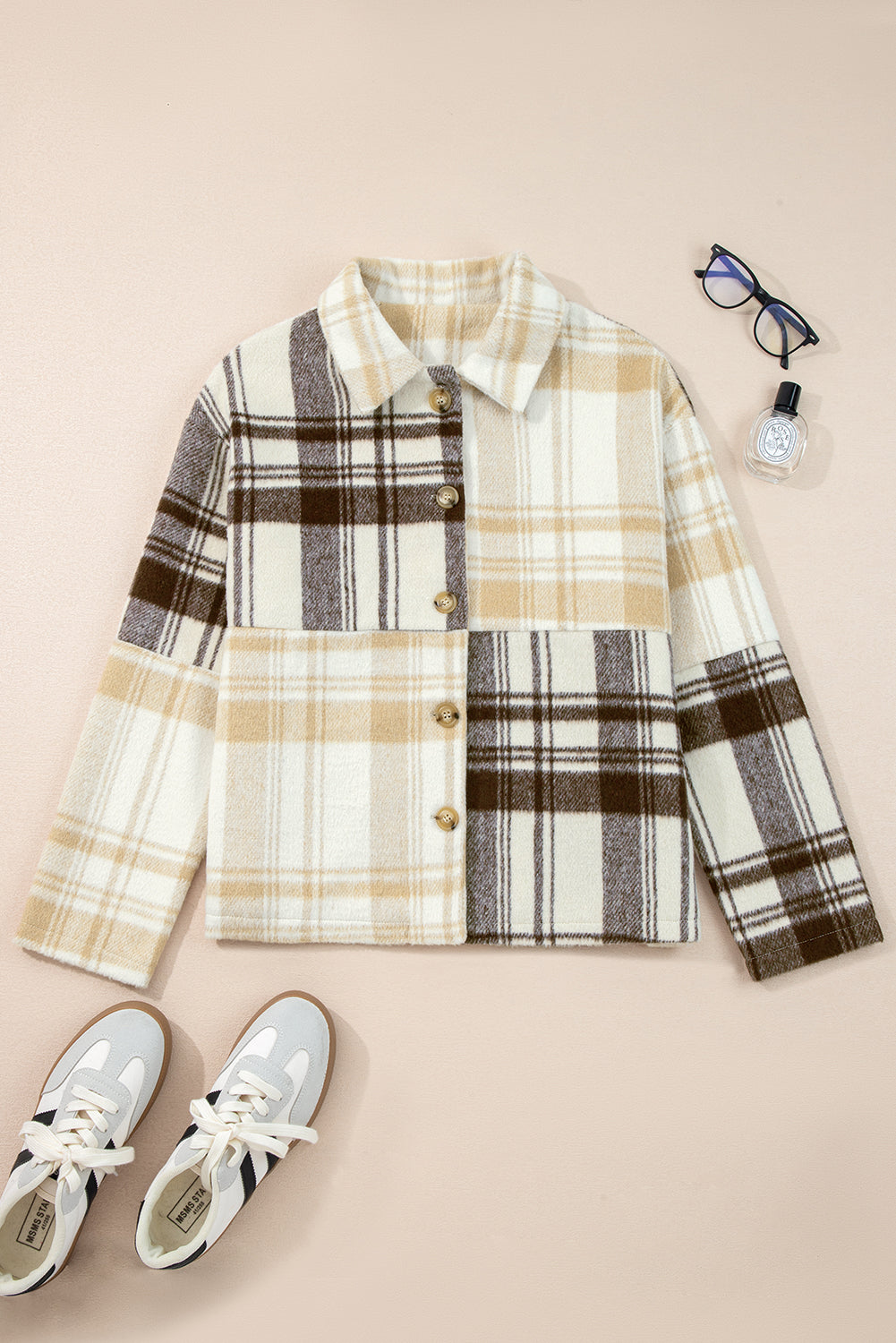Plaid Patchwork Side Pocket Button-Up Shacket