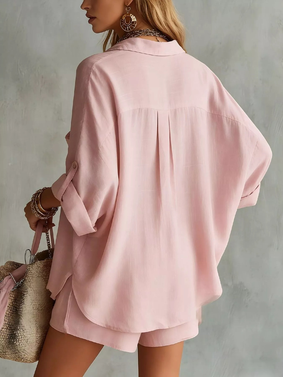 Full Size Half Button Shirt and Shorts Two-Piece Set Plus Size
