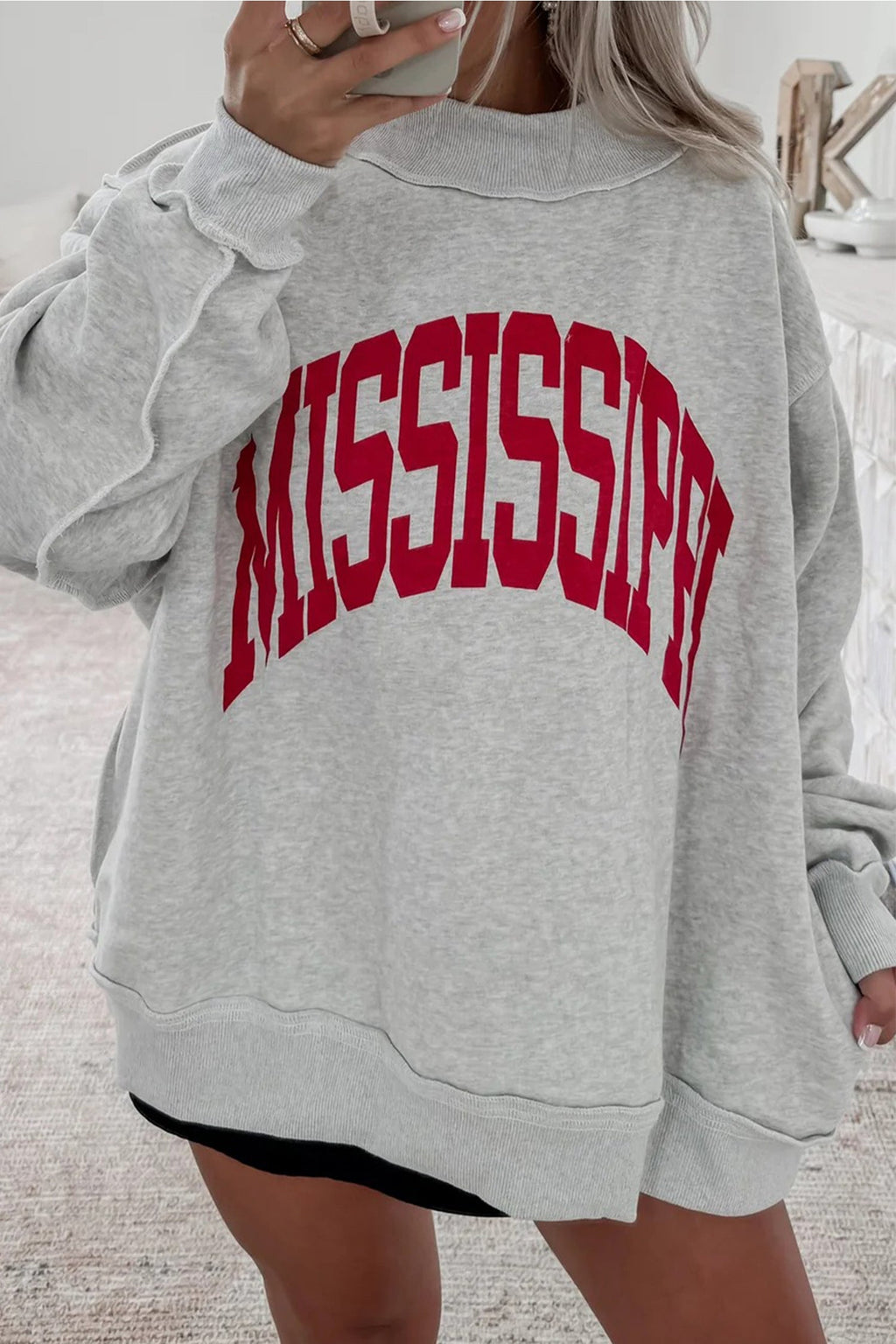 Light Grey MS Reversible Printed Ribbed Patchwork Mock Neck Sweatshirt